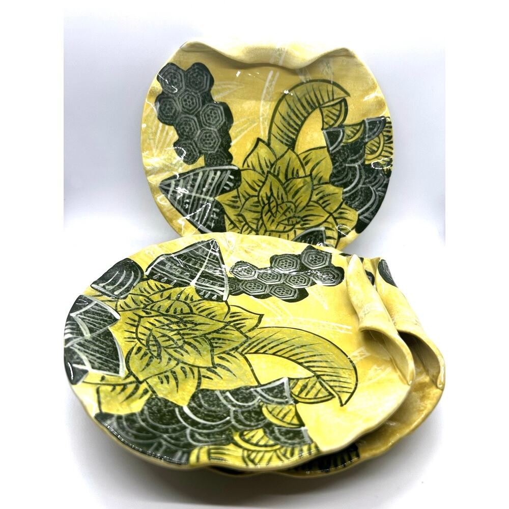 Tommy Bahama Safari Leaf Salad Plates Yellow Green Tropical Curled Leaf Set Of 3